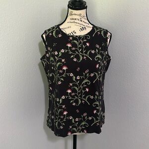 100% SILK Top Threads Sportswear Resort Wear Tank Black w/ Floral Pattern Small